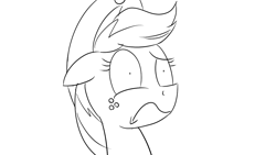 Size: 1200x675 | Tagged: safe, artist:pony-berserker, part of a set, character:applejack, species:earth pony, species:pony, black and white, female, frown, grayscale, monochrome, reaction, reaction image, simple background, solo, weirded out, white background