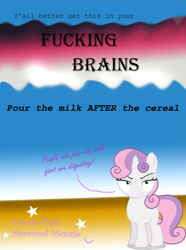 Size: 2423x3251 | Tagged: safe, artist:vector-brony, character:sweetie belle, species:pony, species:unicorn, angry, female, filly, foal, gradient background, looking at you, misspelling, mouthpiece, parody, solo, vector, vulgar