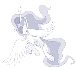 Size: 3863x3465 | Tagged: safe, artist:jessy, character:princess luna, species:alicorn, species:pony, /mlp/, eyes closed, female, flying, mare, mlpg, monochrome, simple background, solo, white background
