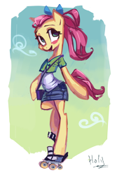 Size: 2442x3650 | Tagged: safe, artist:holivi, character:fluttershy, species:anthro, bow, clothing, female, high res, looking at you, roller skates, skirt, solo