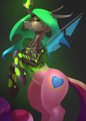 Size: 2480x3508 | Tagged: safe, artist:underpable, character:princess cadance, character:queen chrysalis, species:changeling, changeling queen, commission, digital art, disguise, disguised changeling, fake cadance, female, robot, robot changeling, shapeshifting, smiling, solo, thicc ass, transformation