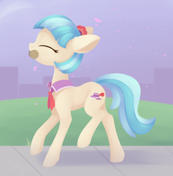 Size: 1300x1328 | Tagged: safe, artist:dusthiel, character:coco pommel, species:earth pony, species:pony, newbie artist training grounds, cocobetes, cute, eyes closed, female, mare, mouth hold, petal, profile, solo, spool, thread
