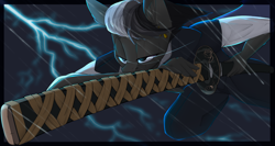Size: 3000x1600 | Tagged: safe, artist:chapaevv, oc, oc only, oc:shadow dash, species:anthro, species:bat pony, clothing, commission, katana, lightning, male, sky, solo, sword, weapon, ych result