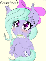 Size: 1715x2256 | Tagged: safe, artist:freefraq, character:flitter, species:pegasus, species:pony, blushing, bow, cup, cute, dawwww, ear fluff, female, flitterbetes, food, freefraq is trying to murder us, hair bow, mare, smiling, solo, tea, weapons-grade cute