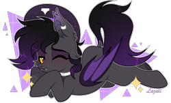 Size: 2048x1237 | Tagged: safe, artist:lazuli, oc, oc only, oc:zenaris blackmour, species:bat pony, species:pony, abstract background, bat pony oc, bat wings, clothing, collar, dyed mane, dyed tail, ear fluff, ear piercing, eyeshadow, hat, makeup, male, piercing, simple background, slit eyes, solo, stallion, transparent background, wings