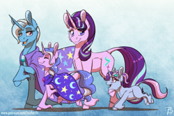 Size: 1616x1073 | Tagged: safe, artist:inuhoshi-to-darkpen, character:starlight glimmer, character:trixie, oc, oc:mirage moon, oc:shooting star, parent:starlight glimmer, parent:trixie, parents:startrix, species:pony, species:unicorn, ship:startrix, cape, cheek fluff, clothing, ear fluff, eyes closed, female, filly, hat, hoof fluff, lesbian, magical lesbian spawn, mare, offspring, raised hoof, shipping, trixie's cape, unshorn fetlocks