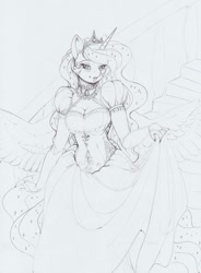 Size: 1211x1642 | Tagged: safe, artist:longinius, character:princess luna, species:alicorn, species:anthro, species:pony, black and white, blushing, breasts, choker, cleavage, clothing, costume porn, crown, dress, ear piercing, earring, ethereal mane, eyelashes, female, galaxy mane, gown, grayscale, horn, jewelry, lineart, looking at you, mare, monochrome, piercing, regalia, simple background, sketch, solo, spread wings, traditional art, wings