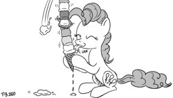 Size: 1200x675 | Tagged: safe, artist:pony-berserker, character:pinkie pie, species:earth pony, species:pony, eyes closed, female, food, ice cream, mare, monochrome, pony-berserker's twitter sketches, sketch, smiling, stippling, tongue out