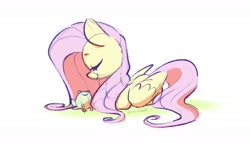 Size: 2000x1143 | Tagged: safe, artist:dawnfire, character:fluttershy, species:pegasus, species:pony, cute, eyes closed, female, frog, lying down, mare, profile, shyabetes, signature, simple background, solo, white background