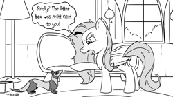 Size: 1200x675 | Tagged: safe, artist:pony-berserker, character:fluttershy, species:pegasus, species:pony, angry, animal, dialogue, female, ferret, fluttershy is not amused, lamp, mare, monochrome, pony-berserker's twitter sketches, speech bubble, stippling, toilet humor, unamused, window, yelling