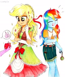 Size: 2322x2707 | Tagged: safe, artist:liaaqila, character:applejack, character:rainbow dash, my little pony:equestria girls, alternate hairstyle, apple, clothing, commission, crying, dress, eyes closed, food, hypnosis, hypnotized, laughing, open mouth, pendulum, tears of laughter, teary eyes