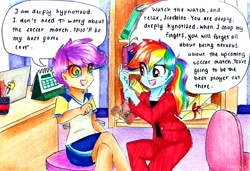 Size: 3402x2322 | Tagged: safe, artist:liaaqila, character:rainbow dash, character:scootaloo, species:human, species:pegasus, species:pony, my little pony:equestria girls, blouse, bookshelf, calender, chair, clothing, computer, cute, cutealoo, desk, dialogue, duo, female, hypnosis, hypnotherapy, hypnotist, hypnotized, laptop computer, office, open mouth, pants, pendulum swing, pocket watch, ponytail, psychiatrist, shirt, shorts, sitting, smiling, speech bubble, swirly eyes, tomboy