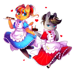 Size: 900x901 | Tagged: safe, artist:ipun, oc, oc only, oc:cold front, oc:disty, species:anthro, species:pegasus, species:pony, species:unicorn, apron, bow, cake, cherry, chibi, clothing, crossdressing, deviantart watermark, dress, eclair, food, friendship cafe, heart, high heels, lipstick, maid, obtrusive watermark, pantyhose, shoes, simple background, smiling, stockings, thigh highs, transparent background, watermark