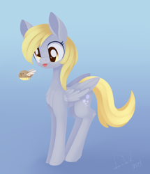 Size: 1140x1323 | Tagged: safe, artist:dusthiel, character:derpy hooves, species:pegasus, species:pony, newbie artist training grounds, atg 2020, female, flying, food, gradient background, mare, muffin, solo, tongue out