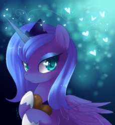 Size: 550x600 | Tagged: dead source, safe, artist:loyaldis, character:princess luna, species:alicorn, species:pony, blushing, chocolate, chocolate heart, cute, female, heart, heart eyes, s1 luna, solo, wingding eyes
