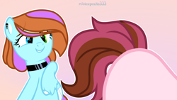 Size: 3262x1839 | Tagged: safe, artist:lazuli, oc, oc only, species:earth pony, species:pony, choker, duo, ear piercing, earth pony oc, eyes on the prize, face down ass up, female, mare, piercing, pink background, raised hoof, simple background, smiling