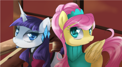 Size: 1200x660 | Tagged: dead source, safe, artist:loyaldis, character:fluttershy, character:rarity, species:pegasus, species:pony, species:unicorn, alternate hairstyle, clothing, dress, female, heart eyes, mare, wingding eyes