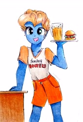 Size: 2174x3200 | Tagged: safe, artist:liaaqila, oc, oc only, oc:silly scribe, my little pony:equestria girls, alcohol, beef, beer, burger, cheese, clothing, commission, crossdressing, desk, equestria girls-ified, femboy, femboy hooters, food, glass, hamburger, hooters, lettuce, male, meat, open mouth, shirt, shorts, simple background, solo, t-shirt, tomato, traditional art, tray, white background