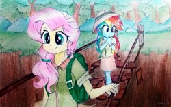 Size: 1131x706 | Tagged: safe, artist:liaaqila, character:fluttershy, character:rainbow dash, species:human, my little pony:equestria girls, adventurer, alternate hairstyle, backpack, bridge, canyon, clothing, cute, determined, duo, female, forest, grass, hat, hypnosis, hypnotized, nervous, outdoors, pith helmet, ponytail, rope bridge, skirt, smiling, traditional art, tree