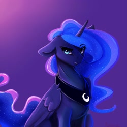 Size: 4000x4000 | Tagged: safe, artist:miokomata, character:princess luna, species:alicorn, species:pony, g4, absurd resolution, cute, eye clipping through hair, eyebrows, eyebrows visible through hair, female, floppy ears, glowing mane, gradient background, horn, jewelry, looking at you, lunabetes, mare, regalia, signature, simple background, solo, wings