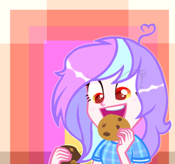 Size: 986x925 | Tagged: safe, artist:lazuli, oc, oc only, my little pony:equestria girls, abstract background, bust, clothing, cookie, eating, female, food, open mouth, smiling, solo