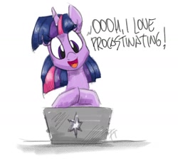 Size: 1676x1505 | Tagged: safe, artist:flutterthrash, character:twilight sparkle, species:pony, species:unicorn, newbie artist training grounds, atg 2020, computer, dialogue, female, laptop computer, mare, open mouth, out of character, procrastination, simple background, solo, white background