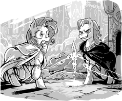 Size: 1288x1074 | Tagged: safe, artist:jowyb, character:rarity, oc, oc:esteem, species:pony, species:unicorn, fanfic:the immortal game, armor, canterlot, clothing, duo, evil grin, fanfic art, female, grayscale, grin, magic, male, mare, messy mane, monochrome, raised hoof, robe, smiling, stallion, telekinesis