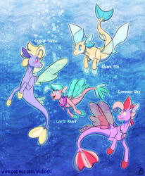 Size: 1319x1600 | Tagged: safe, artist:inuhoshi-to-darkpen, oc, oc only, oc:coral reef, oc:ocean sky, oc:shark fin, oc:summer sky, species:seapony (g4), bubble, family, female, fins, jewelry, necklace, open mouth, quartet, seashell necklace, swimming, underwater, water