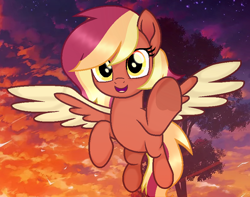 Size: 818x643 | Tagged: safe, artist:lazuli, oc, oc only, species:pegasus, species:pony, cloud, flying, movie accurate, open mouth, outdoors, pegasus oc, raised hoof, smiling, solo, tree, two toned wings, underhoof, wings