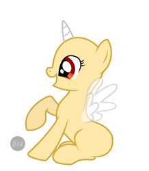 Size: 1034x1187 | Tagged: safe, artist:lazuli, oc, oc only, species:alicorn, species:pony, alicorn oc, bald, base, eyelashes, horn, open mouth, raised hoof, red eyes, simple background, sitting, smiling, solo, white background, wings
