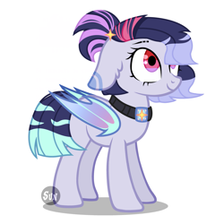 Size: 2449x2449 | Tagged: safe, artist:lazuli, oc, oc only, species:bat pony, species:pony, bat pony oc, bat wings, collar, looking up, simple background, smiling, solo, white background, wings