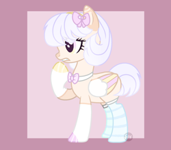 Size: 2300x2018 | Tagged: safe, artist:lazuli, oc, oc only, species:pegasus, species:pony, abstract background, bow, bow tie, clothing, eyelashes, female, frown, hair bow, mare, pegasus oc, raised hoof, socks, solo, striped socks, wings