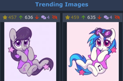 Size: 729x484 | Tagged: safe, artist:dawnfire, character:dj pon-3, character:octavia melody, character:vinyl scratch, species:earth pony, species:pony, species:unicorn, derpibooru, cute, duo, female, juxtaposition, looking at you, mare, meta, pink background, purple background, simple background, stars, tavibetes, vinylbetes