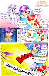 Size: 2289x3518 | Tagged: safe, artist:liaaqila, character:apple bloom, character:scootaloo, character:sweetie belle, species:earth pony, species:pegasus, species:pony, species:unicorn, comic:fly high scoots, adorabloom, blank flank, cannon, comic, cute, cutealoo, cutie mark crusaders, diasweetes, female, filly, match, party cannon, pony cannonball, scootaloo can't fly, shrunken pupils, this will end well, worried