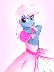 Size: 2278x3037 | Tagged: safe, artist:liaaqila, oc, oc only, oc:azure/sapphire, my little pony:equestria girls, clothing, crossdressing, dress, equestria girls-ified, femboy, looking at you, male, pink dress, pink hair, smiling, solo, traditional art