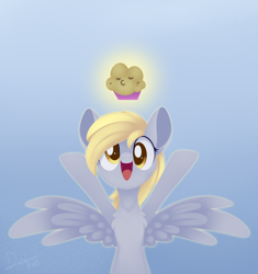 Size: 1248x1329 | Tagged: safe, artist:dusthiel, character:derpy hooves, species:pegasus, species:pony, newbie artist training grounds, atg 2020, chest fluff, cute, derpabetes, female, food, gradient background, looking at you, mare, muffin, smiling, solo, that pony sure does love muffins, the legend of zelda