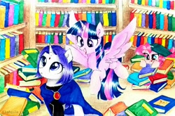 Size: 3450x2283 | Tagged: safe, artist:liaaqila, character:pinkie pie, character:twilight sparkle, character:twilight sparkle (alicorn), species:alicorn, species:earth pony, species:pony, species:unicorn, amazed, book, bookshelf, excited, hiding, hunting, library, ponified, raven (teen titans), tara strong, teen titans, that pony sure does love books, tongue out, voice actor joke