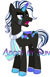 Size: 2600x4000 | Tagged: safe, artist:lazuli, oc, oc only, species:pony, species:unicorn, clothing, hoof polish, horn, looking back, makeup, male, open mouth, running makeup, scarf, simple background, solo, stallion, unicorn oc, watermark, white background