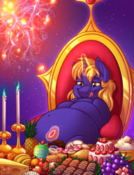 Size: 4000x5216 | Tagged: safe, artist:sugaryviolet, oc, oc:star bright, species:pony, species:unicorn, belly, belly button, bhm, big belly, candle, cosmic wizard, eating, fat, feast, food, giant pony, gluttony, godpone, huge belly, licking, licking lips, macro, male, overweight, pony bigger than a galaxy, pony bigger than a planet, pony bigger than a solar system, pony bigger than a star, pony bigger than a universe, pony heavier than a black hole, sitting, space, stallion, stars, throne, tongue out, universe, wizard