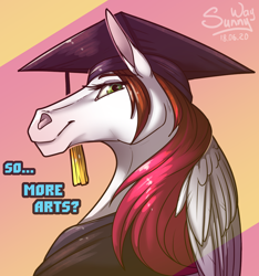 Size: 1000x1069 | Tagged: safe, artist:sunny way, oc, oc:sunny way, species:anthro, species:pegasus, species:pony, bust, female, info, mare, portrait, smiling, solo, university, wings