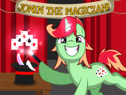 Size: 1600x1200 | Tagged: safe, artist:toyminator900, oc, oc only, oc:jonin, species:pony, species:rabbit, species:unicorn, animal, clothing, commission, grin, happy, hat, horn, looking at you, magic, male, playing card, raised hoof, smiling, solo, stallion, table, top hat, wand