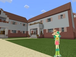 Size: 2048x1536 | Tagged: safe, artist:topsangtheman, my little pony:equestria girls, female, house, looking at you, minecraft, photoshopped into minecraft, solo, sweet leaf, traditional art