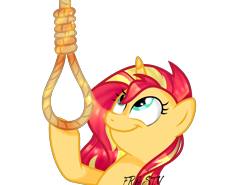 Size: 2000x1478 | Tagged: safe, artist:lazuli, character:sunset shimmer, species:pony, species:unicorn, :d, bust, downvote bait, eyelashes, horn, looking up, noose, rope, simple background, smiling, text, transparent background