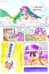 Size: 2322x3479 | Tagged: safe, artist:liaaqila, character:fluttershy, character:pinkie pie, character:scootaloo, species:earth pony, species:pegasus, species:pony, comic:fly high scoots, cloud, comic, crying, cute, cutealoo, didn't think this through, falling, flying, happy, scootaloo can fly, scootaloo can't fly, sweet apple acres, tears of joy