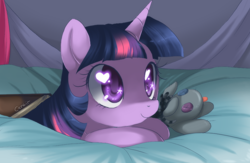 Size: 936x612 | Tagged: dead source, safe, artist:loyaldis, character:smarty pants, character:twilight sparkle, bed, blep, book, cute, female, heart eyes, looking up, prone, signature, smiling, solo, starry eyes, that pony sure does love books, tongue out, twiabetes, wingding eyes