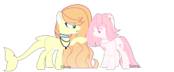 Size: 2356x976 | Tagged: safe, artist:lazuli, oc, oc only, species:earth pony, species:pony, choker, duo, earth pony oc, eye clipping through hair, jewelry, necklace, original species, pointing, raised hoof, shark, shark pony, smiling