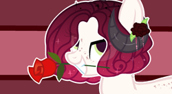 Size: 1397x768 | Tagged: safe, artist:lazuli, oc, oc only, species:pony, abstract background, eye clipping through hair, flower, flower in hair, flower in mouth, freckles, grin, horn, mouth hold, original species, rose, rose in mouth, smiling, solo