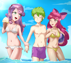 Size: 2164x1920 | Tagged: safe, alternate version, artist:thebrokencog, character:apple bloom, character:spike, character:sweetie belle, species:human, ship:spikebelle, ship:spikebloom, anime, bikini, clothing, commission, female, food, humanized, ice cream, male, shipping, straight, swimsuit, water