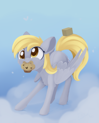 Size: 1173x1443 | Tagged: safe, artist:dusthiel, character:derpy hooves, species:pegasus, species:pony, newbie artist training grounds, atg 2020, chest fluff, cloud, cute, derpabetes, female, food, leg fluff, mare, mouth hold, muffin, on a cloud, sky, solo, that pony sure does love muffins