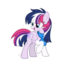 Size: 2422x2122 | Tagged: safe, artist:lazuli, character:double diamond, character:twilight sparkle, species:pegasus, species:pony, clothing, eye clipping through hair, eyelashes, female, fusion, mare, open mouth, raised hoof, scarf, simple background, smiling, socks (coat marking), solo, transparent background